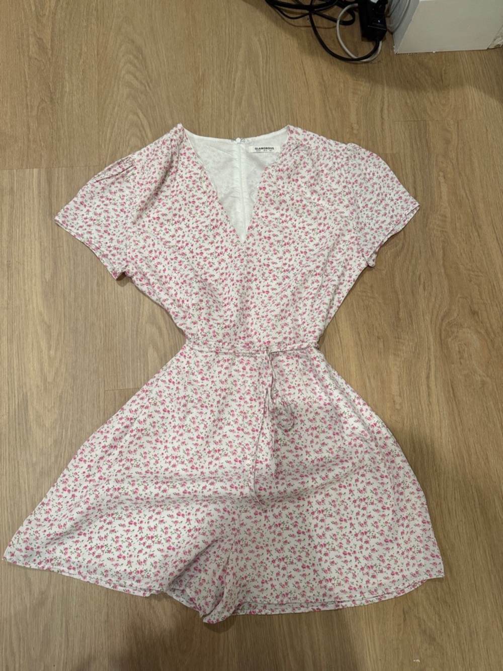 Glamorous White Romper with Pink Floral Print